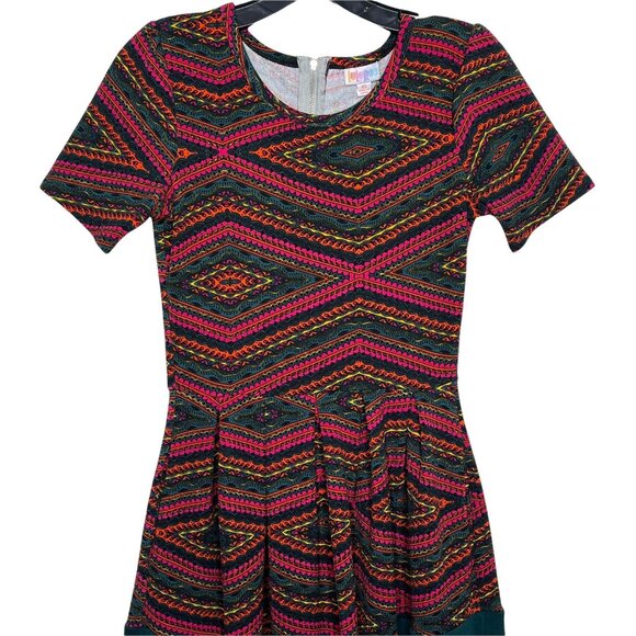 LuLaRoe Amelia XS Fit & Flare Dress Green Pink Geometric Fall Print - Picture 2 of 12